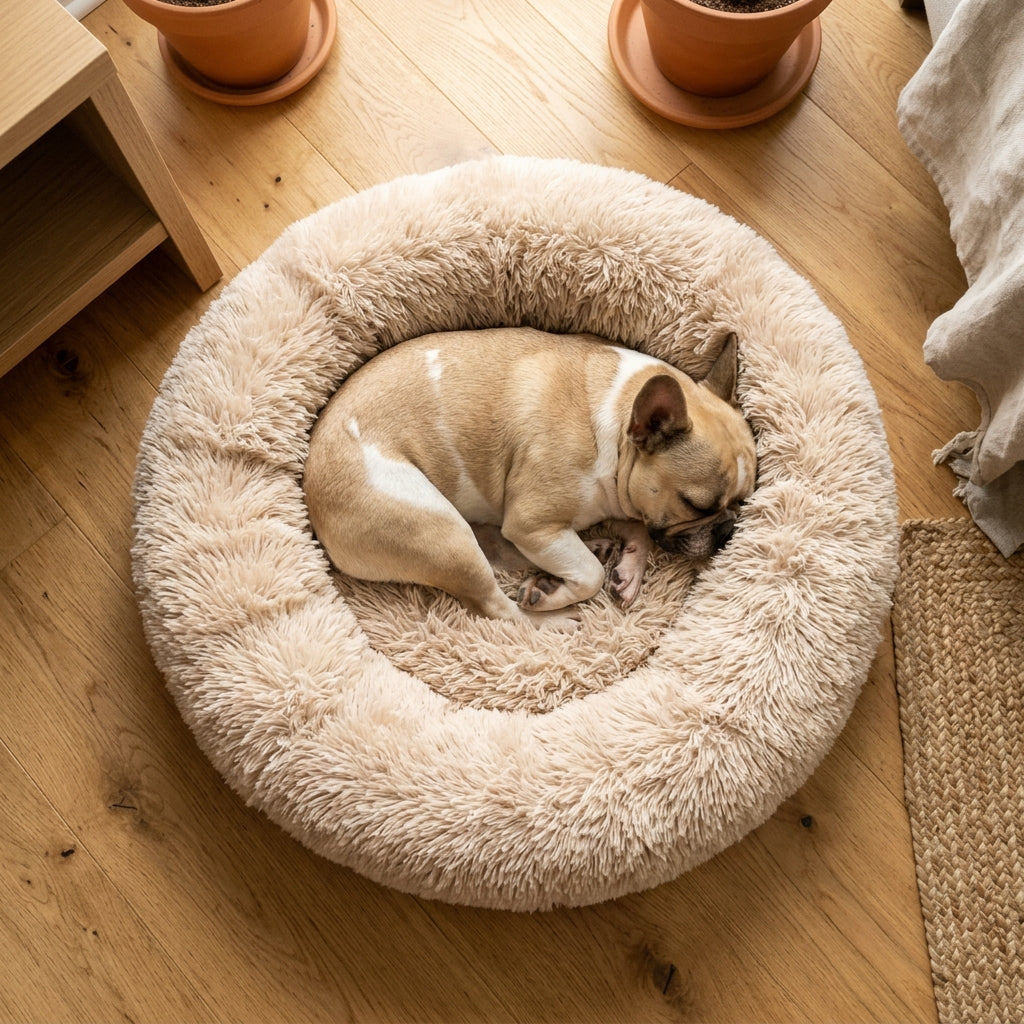 Top-down view of a small dog curled up in the 60cm calming donut bed showing the round shape and raised bolsters