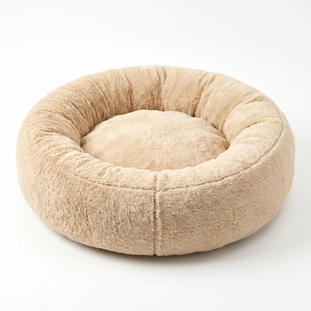 Calming Donut Dog Bed - 60cm warm sand plush round pet bed, product hero shot on white background
