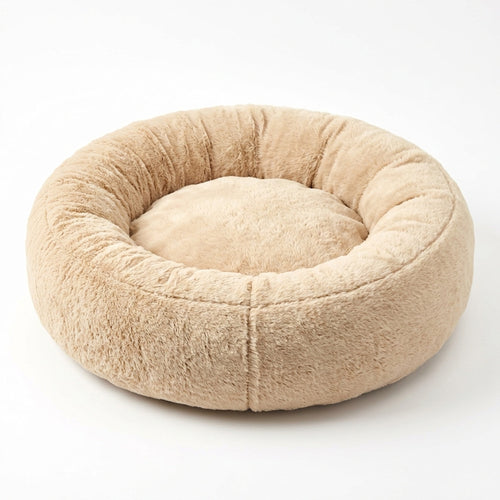 Calming Donut Dog Bed - 60cm warm sand plush round pet bed, product hero shot on white background