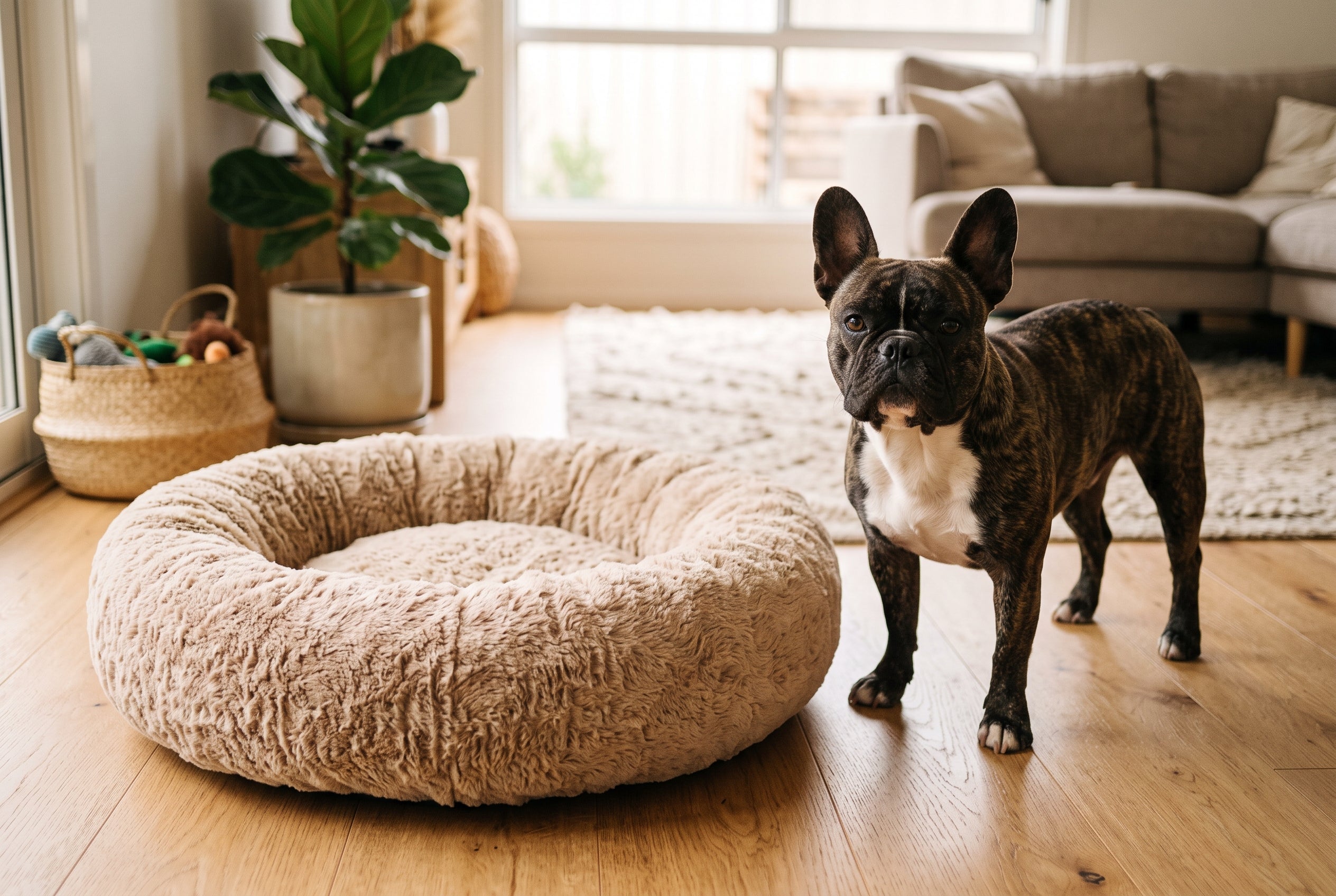 French Bulldog standing next to the 60cm calming donut dog bed showing size scale for small to medium dogs