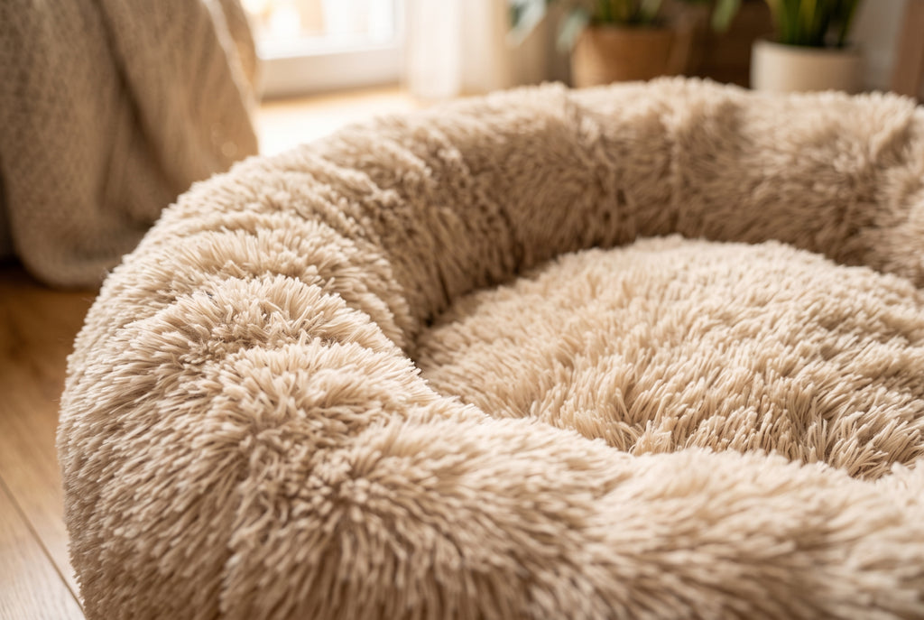 Close-up detail of plush faux-fur texture and raised bolster rim of the calming donut dog bed