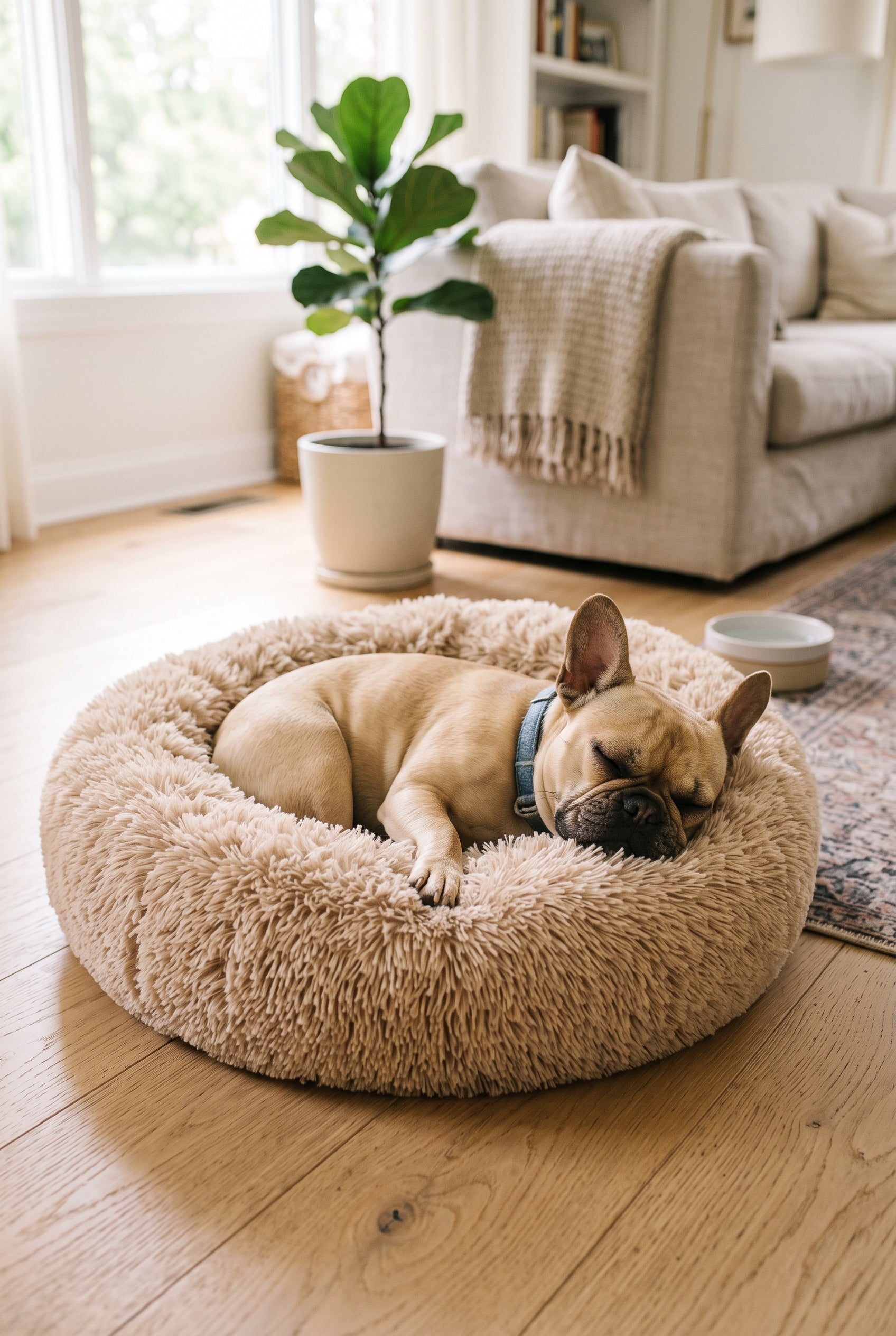 French Bulldog sleeping peacefully inside the Fuzz and Fetch Calming Donut Dog Bed in a cozy living room