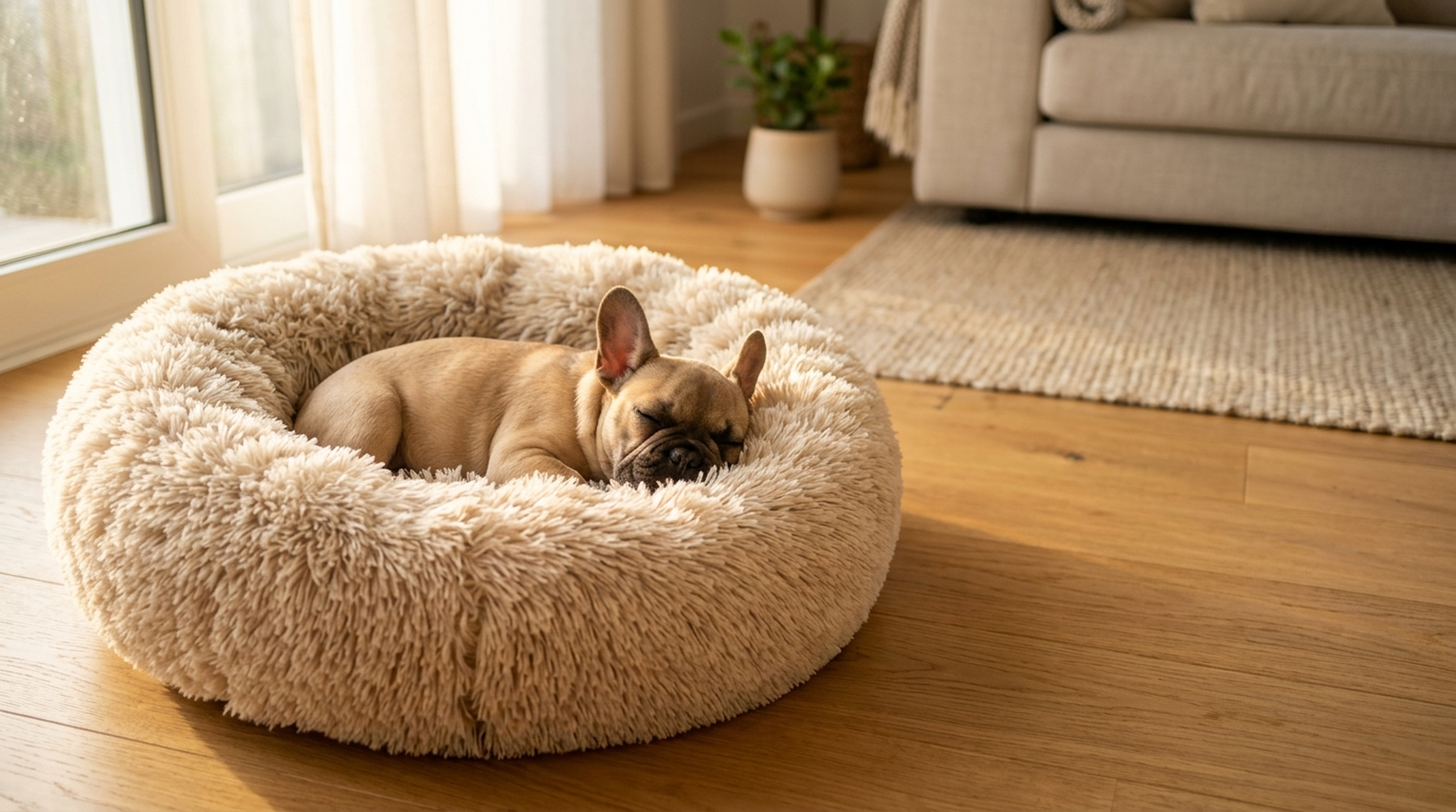 Fuzz & Fetch hero — French Bulldog peacefully curled up in a warm sand calming donut dog bed, soft morning sunlight in a cozy living room